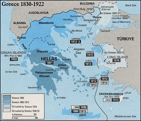 Карта территориальных изменений Греции с 1830 по 1922 года