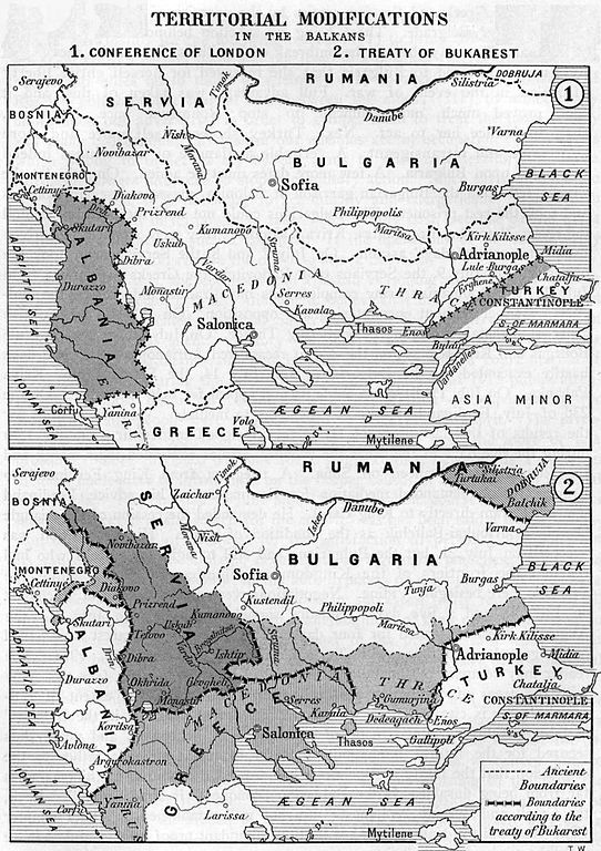 Карта выпущена в 1914 году и демонстрирует спорные территории Балканского полуострова — «пороховой бочки Европы». Размежевание по Лондонской конференции перед войной (сверху) и окончательные границы после Второй Балканской войны по Бухарестскому миру (снизу)