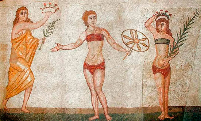 Деталь мозаики из Виллы Романа дель Казале , гр. 320, Сицилия, Италия, предоставлено веб-сайтом ЮНЕСКО