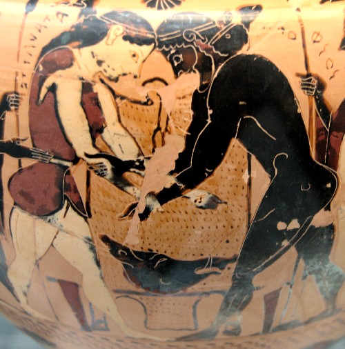 Peleus and Atalanta wrestling. Attic black-figure neck-amphora, 500–490 BC.