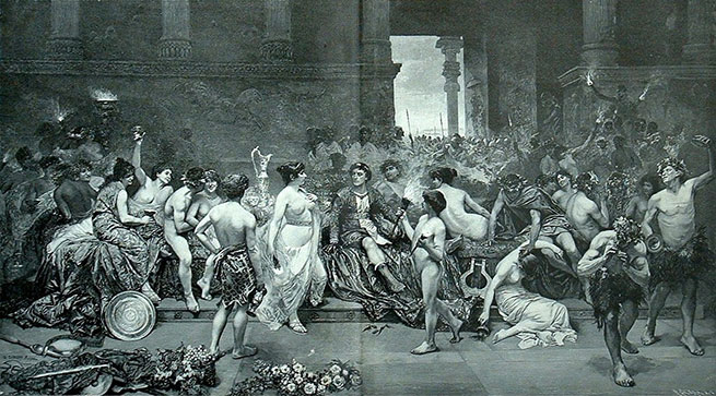 Александр Македонский пирует с гетерами в захваченном Персеполисе