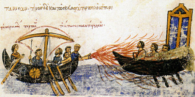 Византийский флот использовал «греческий огонь».