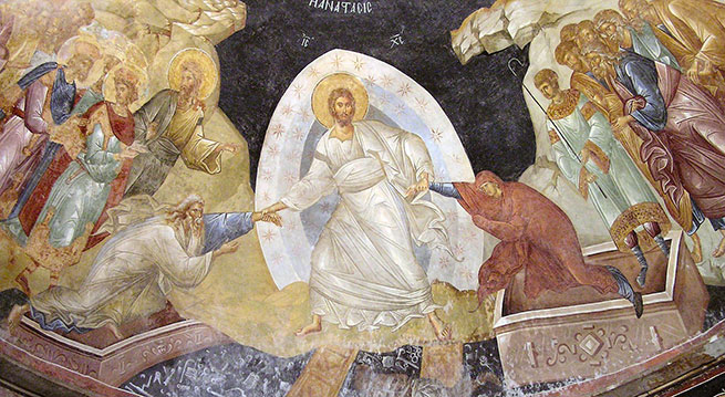 Христос возводит из ада Адама и Еву (фреска, монастырь Хора, XIV век)