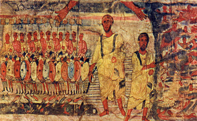 Исход израильтян и гибель войска фараона - фреска из синагоги Дура Европос (III век)