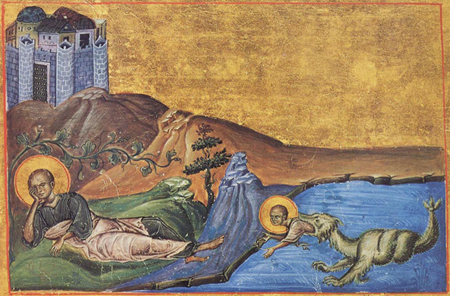 Иона под тыквой (слева); кит извергает Иону на сушу (справа) - миниатюра из минология Василия II