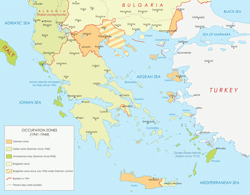 Карта оккупации Греции войсками стран Оси