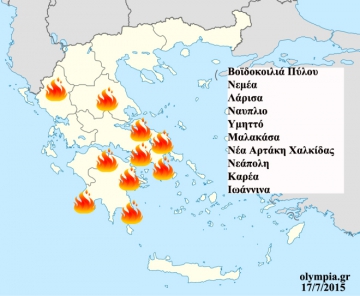 Греция загорелась cо всех сторон. 52 точки возгорания за 17 июля