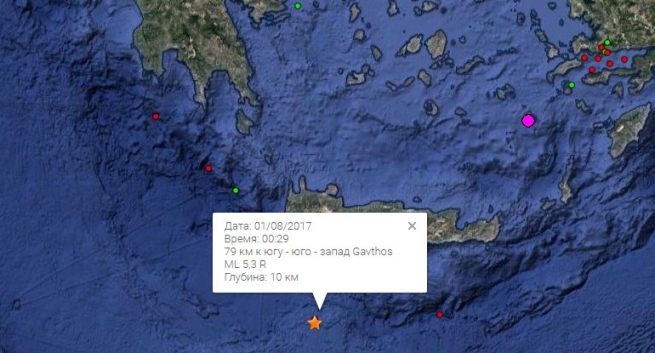 Землетрясение в 5,3 балла возле острова Крит