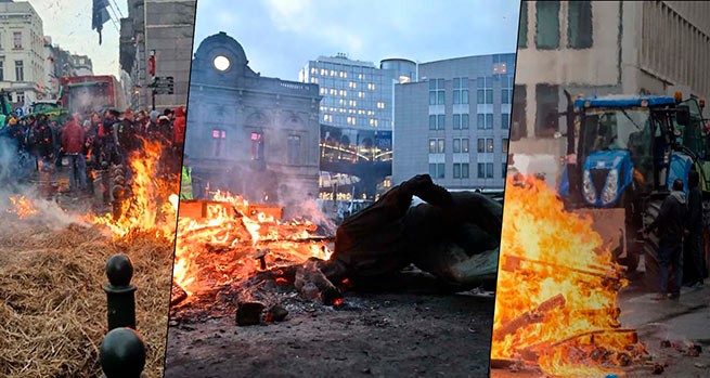 Европейский парламент в Брюсселе осаждают тысячи фермеров - они снесли статую на площади "Люксембург"