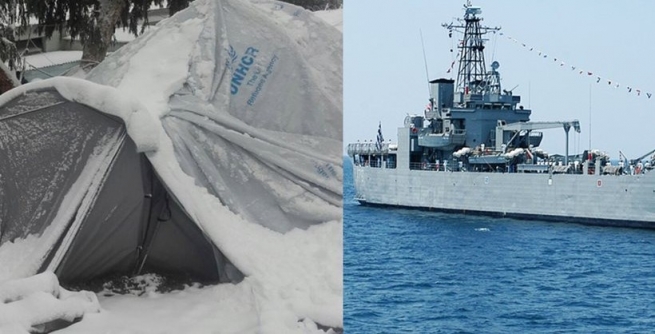 Военный корабль послан на Лесбос приютить мигрантов и беженцев