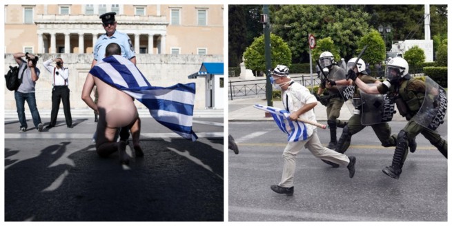 Athens Pride 2019: голый мужчина с греческим флагом у Могилы Неизвестного солдата