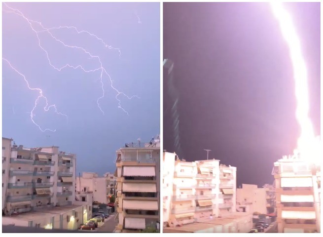 Мощный разряд молнии в Греции попал на видео