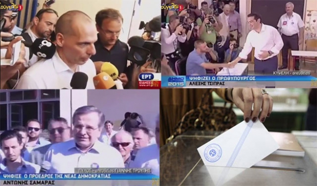 Янис Варуфакис, Алексис Ципрас и Адонис Самарас выступили перед массмедиа во время голосования