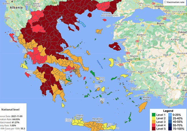 COVID-MAP обновлена: 44% регионов Греции в «Deep Red»